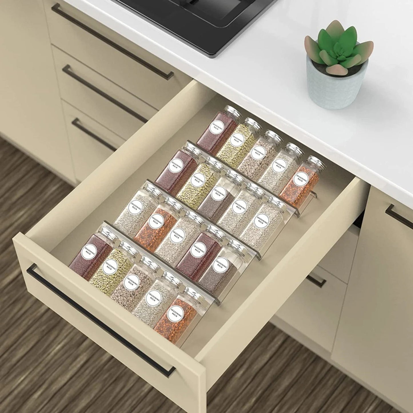 4 Layer Spice Drawer Organizer Adjustable Acrylic Spice Jars Rack Tray