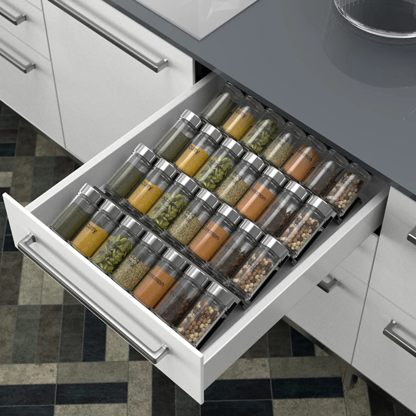 4 Layer Spice Drawer Organizer Adjustable Acrylic Spice Jars Rack Tray